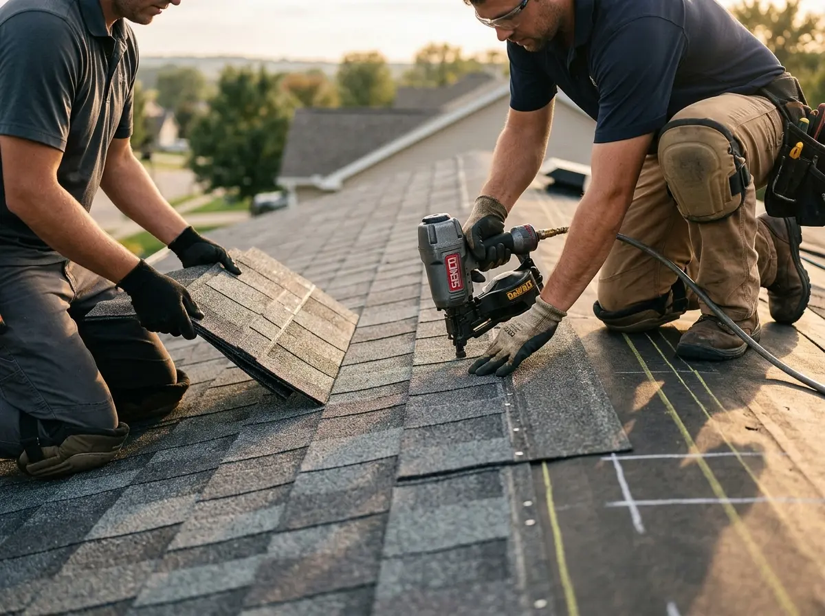 Professional roofer working on a residential roof in Kendallville